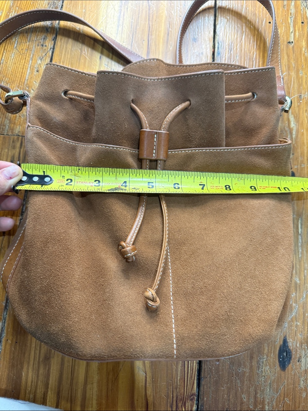 J. McLaughli Suede Leather Drawstring Hobo Bucket Brown Crossbody Bag Purse - Picture 11 of 13